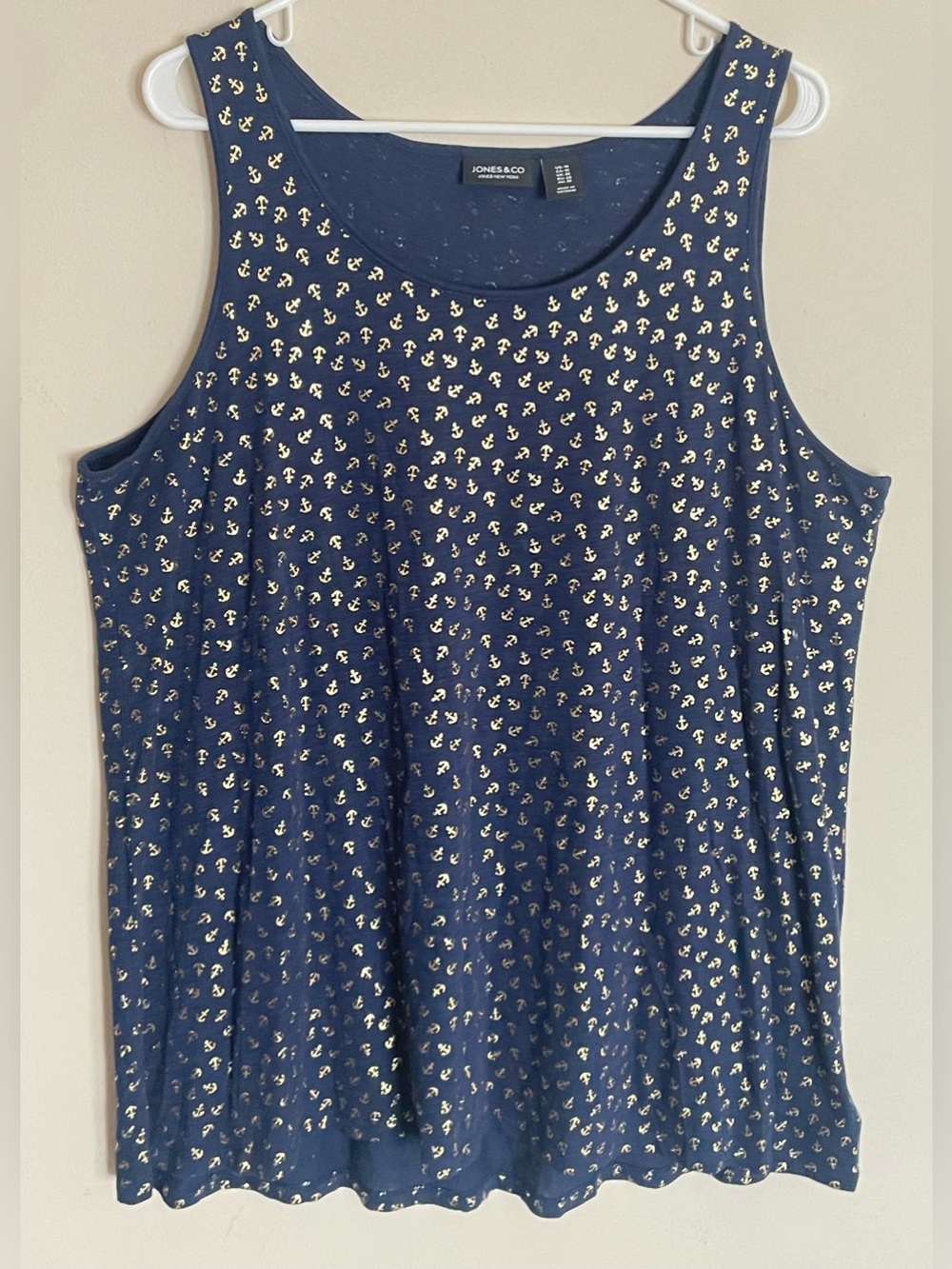 Jones New York Navy Blue and Gold Anchor Print Tank Top